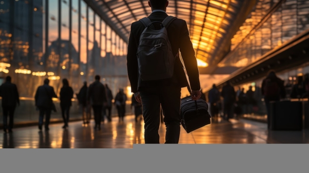 Silhouette of businessman walking in the airport at sunset time.